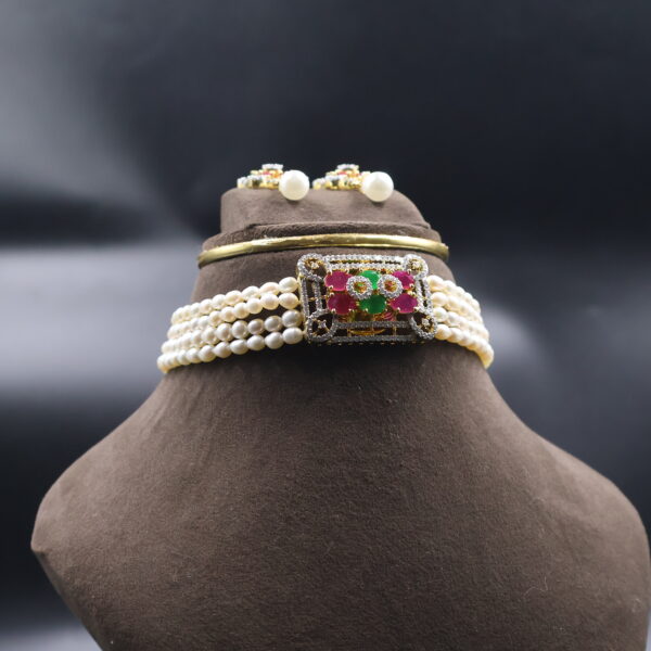 Ruby & Green Stone Pearl Choker Necklace Sets - Image 3