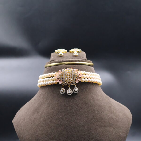 Alternative view of Pink CZ Stone Pearl Choker Necklace