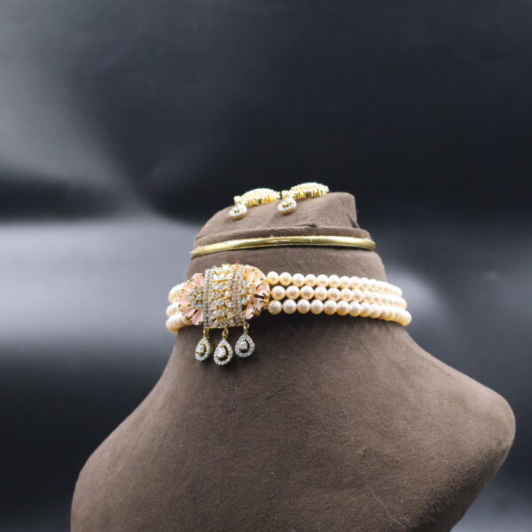 Pink CZ Stone Pearl Choker Necklace - Image 4