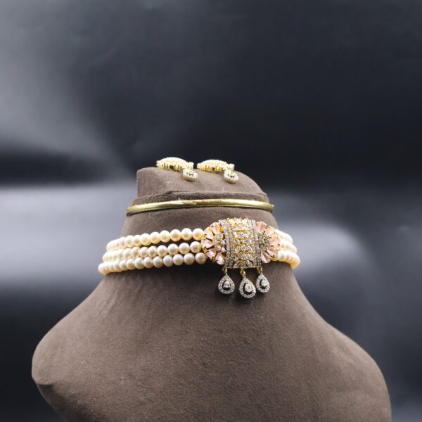 Pink CZ Stone Pearl Choker Necklace - Image 3