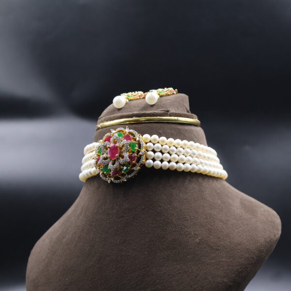 Ruby & Green Stone Pearl Choker Necklace - Image 4