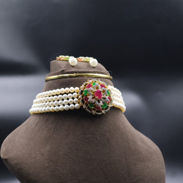 Ruby & Green Stone Pearl Choker Necklace - Image 3