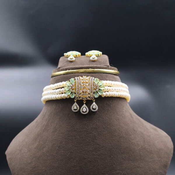 Alternative view of Light Green Stone & Pearl Choker Necklace