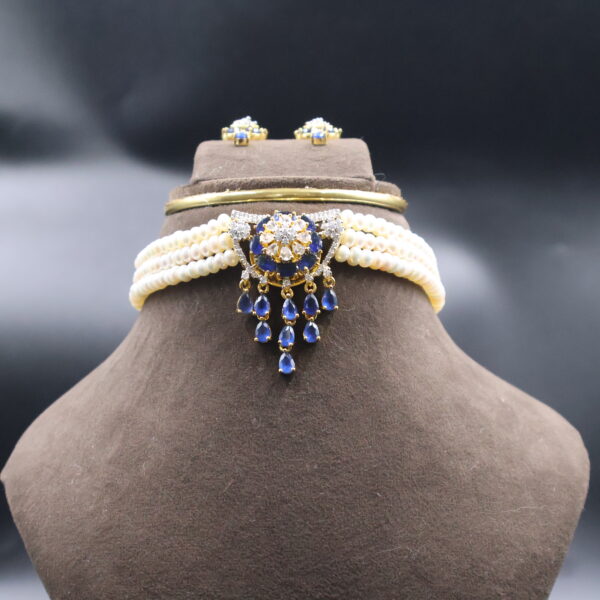 Alternative view of Blue Stone Pearl Choker Necklace Sets