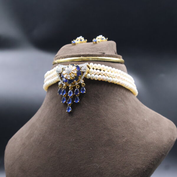 Blue Stone Pearl Choker Necklace Sets - Image 4