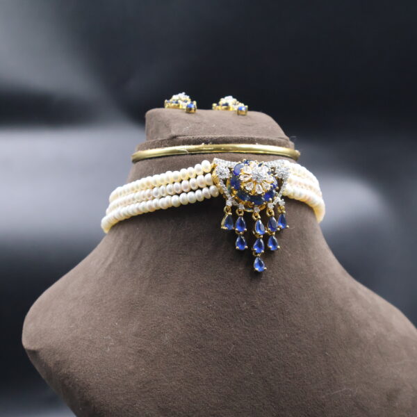 Blue Stone Pearl Choker Necklace Sets - Image 3