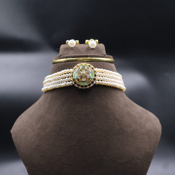 Alternative view of Light Green CZ Stone Pearl Choker Necklace Sets