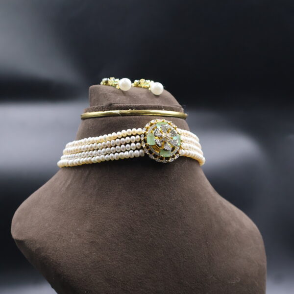 Light Green CZ Stone Pearl Choker Necklace Sets - Image 4