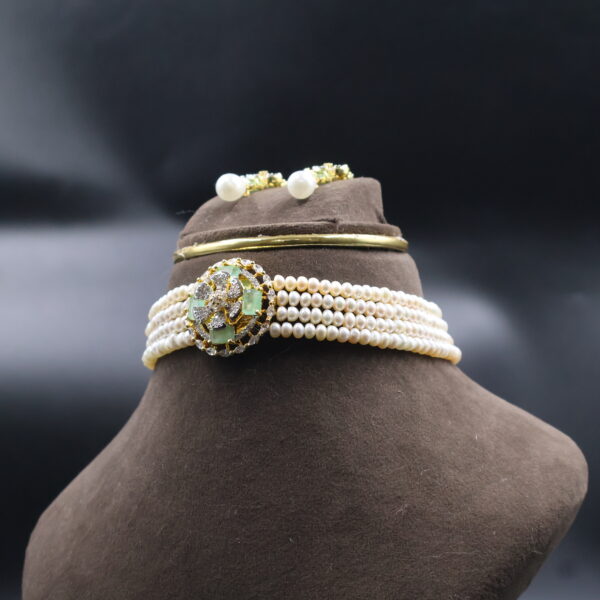 Light Green CZ Stone Pearl Choker Necklace Sets - Image 3