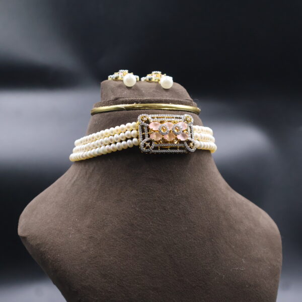 Pink Stone & Pearl Choker Necklace Sets - Image 4