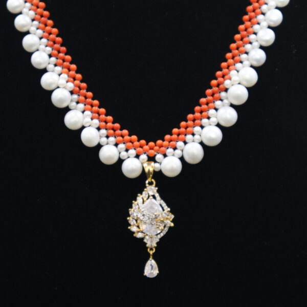 Royal Coral & Pearl Pendant Necklace Sets - Image 3