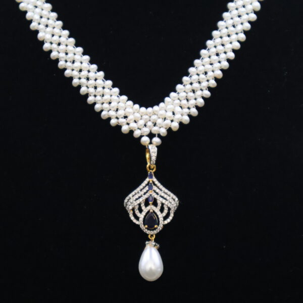 Elegant Pearl & Blue Stone CZ Pearl Necklace Set - Image 4