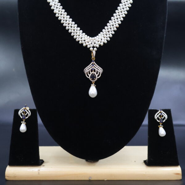 Elegant Pearl & Blue Stone CZ Pearl Necklace Set - Image 5