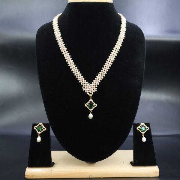 Alternative view of Elegant Pearl & Emerald Green CZ Pendant Necklace
