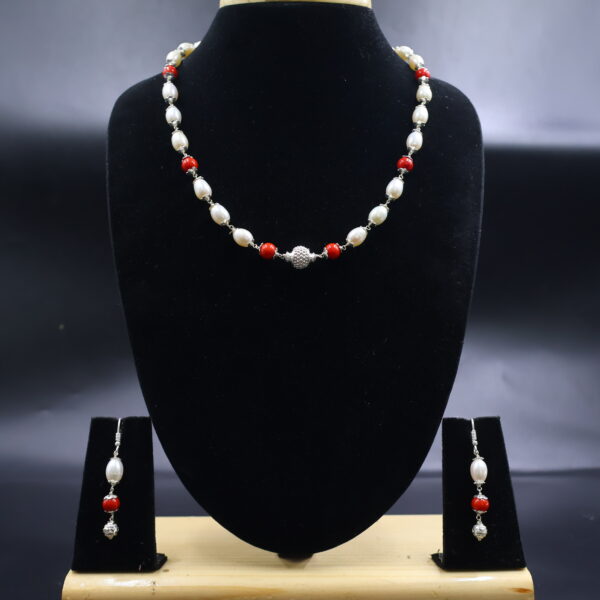 Alternative view of Elegant Red Coral Pearl Necklace Set