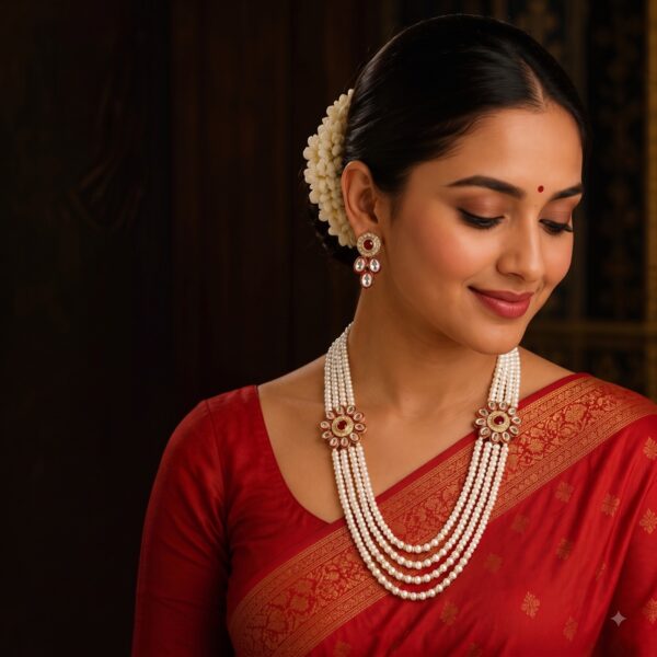 Luxury White Pearl 4-Strand Necklace & Earrings Set