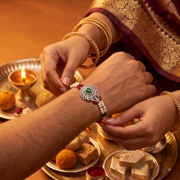 Alternative view of Emerald Charm Pearl Rakhi