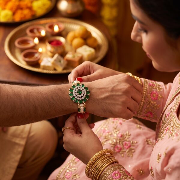 Alternative view of Royal Emerald Pearl Rakhi